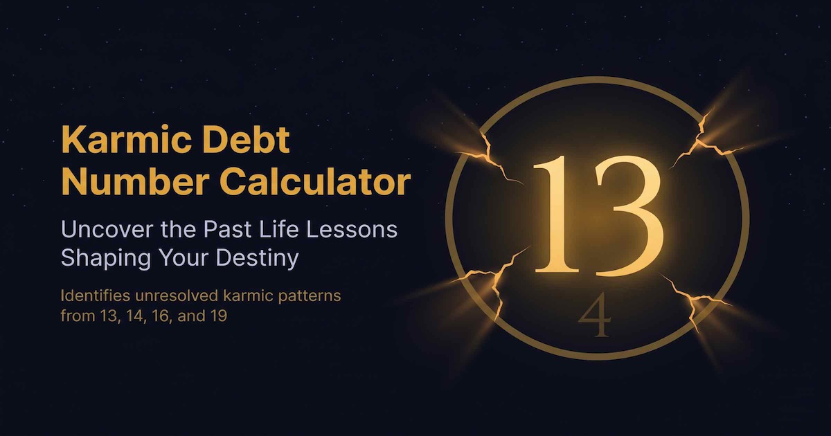 Karmic debt numbers 13 14 16 and 19 glowing on a cosmic scale in deep purple and gold